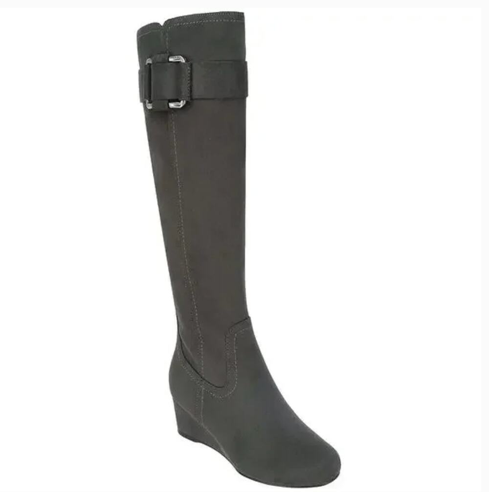 Impo Genia Tall Wedge Boots 6 Gray NWT Knee High Vegan Suede Comfort